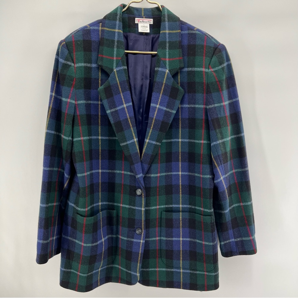 Talbots Black Watch Tartan Plaid Long Blazer Sz L Blue/Green Dark Academia